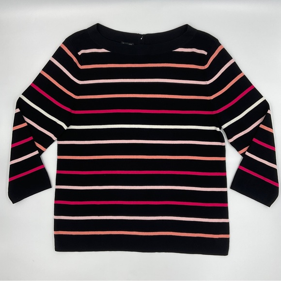 Talbots NWOT Striped Boat Neck Cotton Sweater Black Pink Button Back Detail XLP - Picture 1 of 16